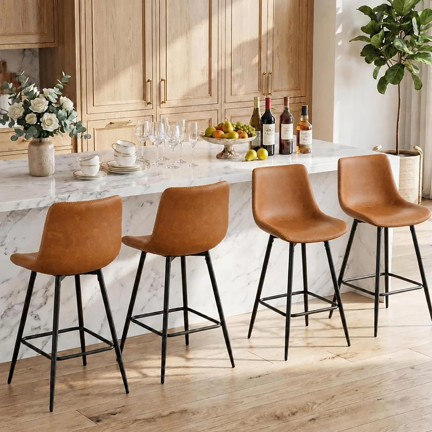 Set Of 4 Counter Height Bar Stools With Backs, 24 Inch Faux Leather Kitchen Island Chairs, Metal Legs For 34-38 Inch Counters