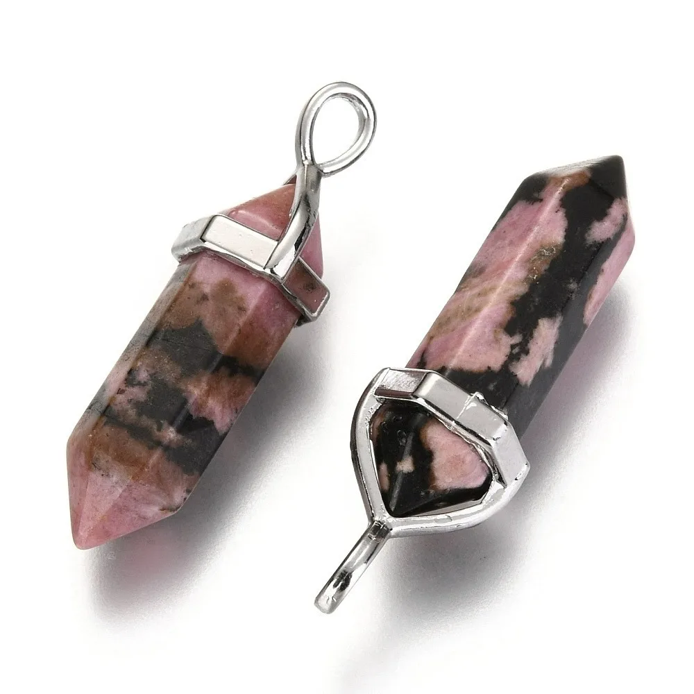 

15pcs Rhodonite Double Terminated Pointed Pendants with Random Alloy Bead Cap Bails Bullet 37~40x12mm Hole: 3mm