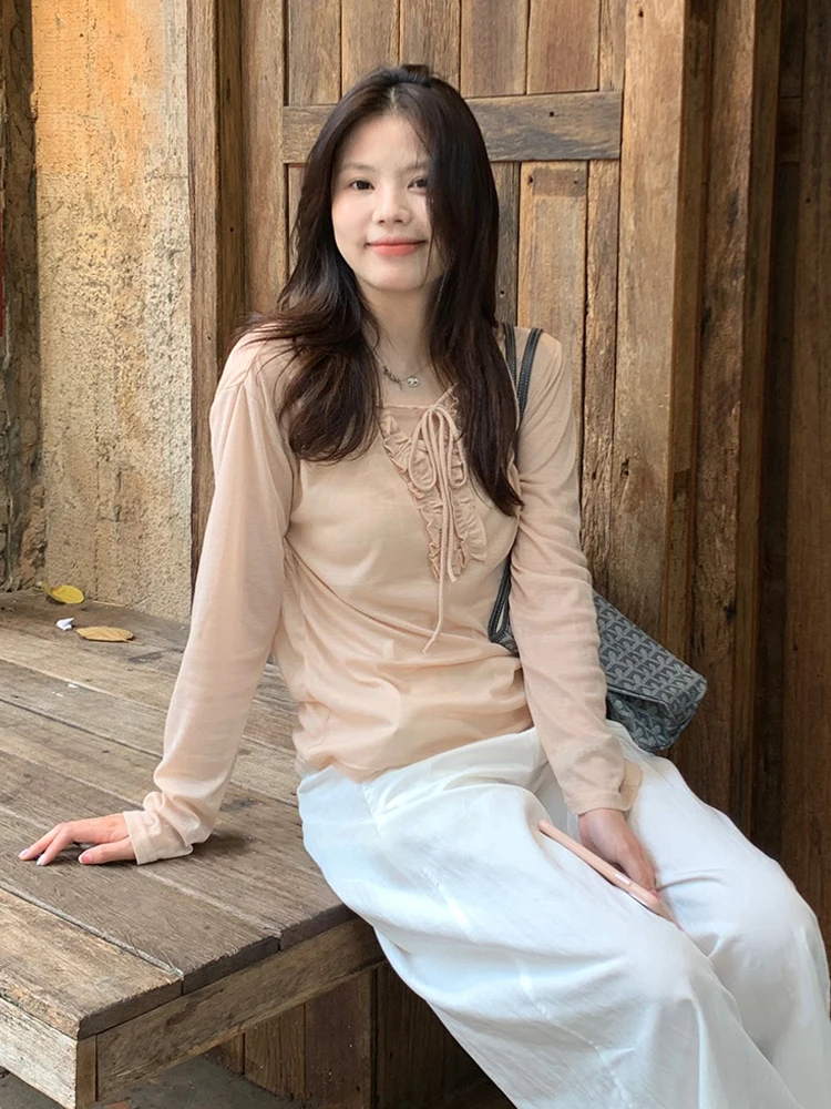 Pink Thin V-Neck Sun Protection Shirt T-Shirt Women's 2026 New Unique Beautiful Early Summer Small Top Wood Grain 