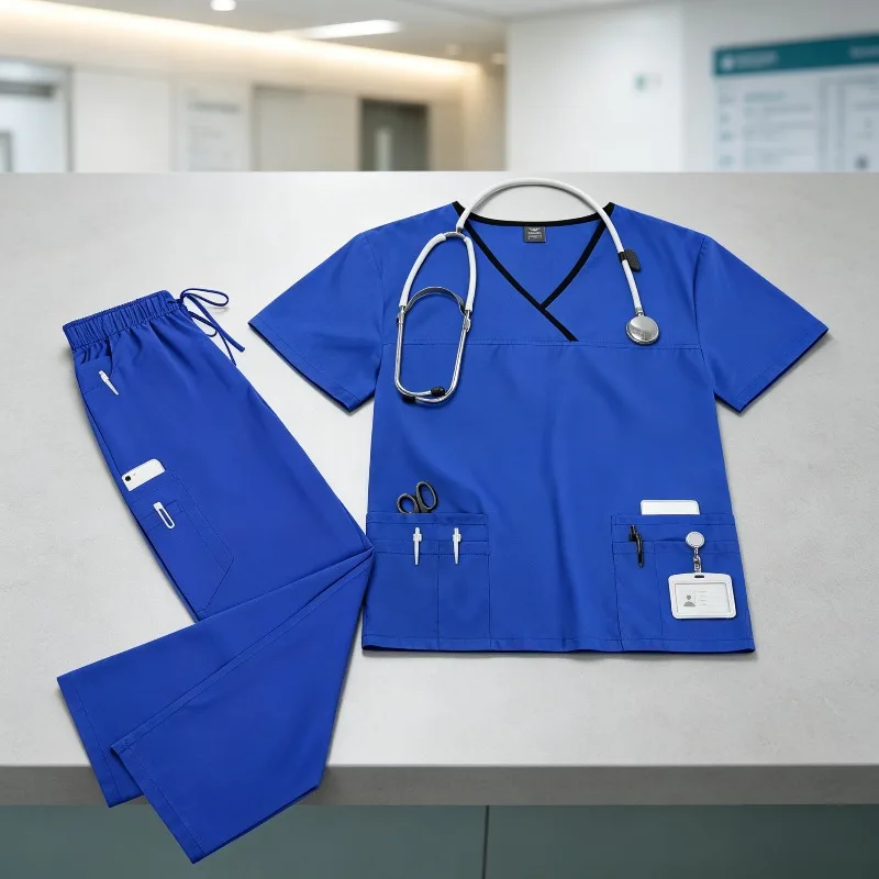 Short Sleeve Scrub Uniform Quick-Dry Summer Thin Workwear for Operating Room Doctor Nurse Set V-Neck Top with Pockets