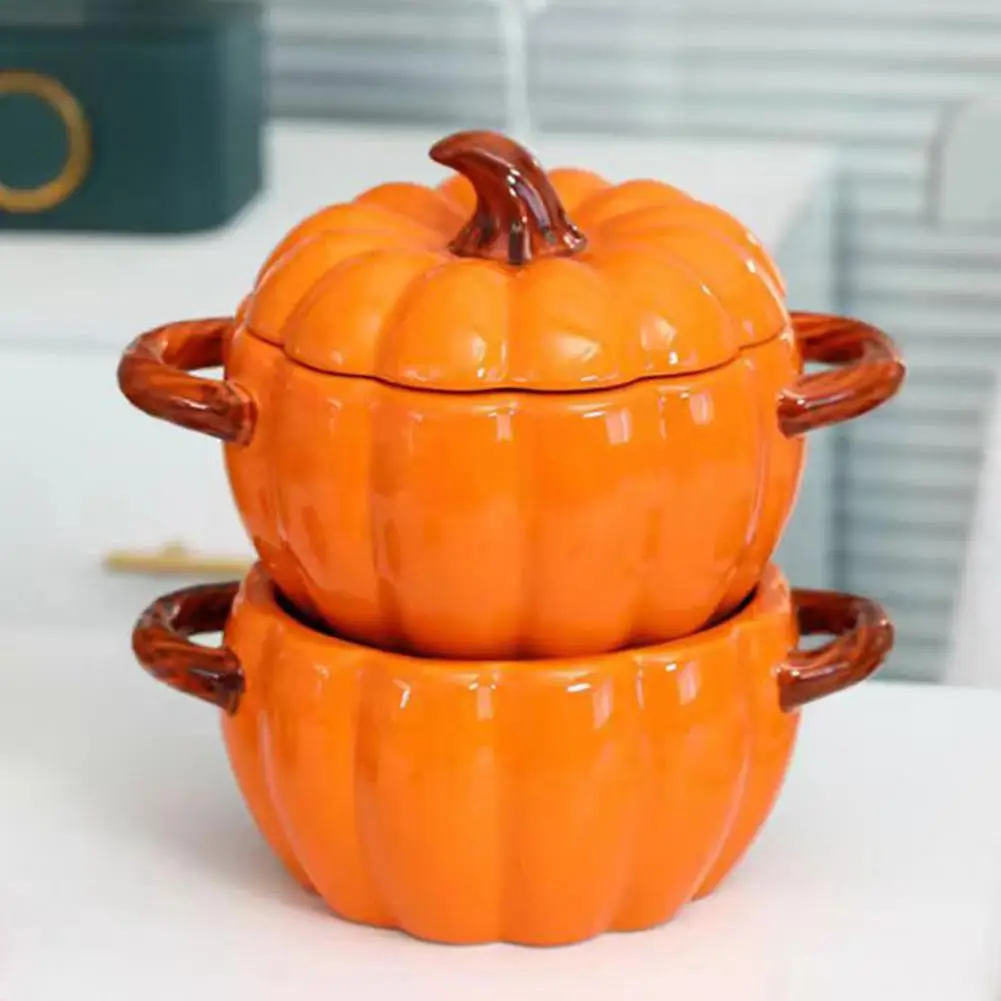 Dutch Oven Pot with Lid Pumpkin Shape Ceramic Casserole Double-Ear Mini Baking Dish Saucepan for Dessert Kitchen