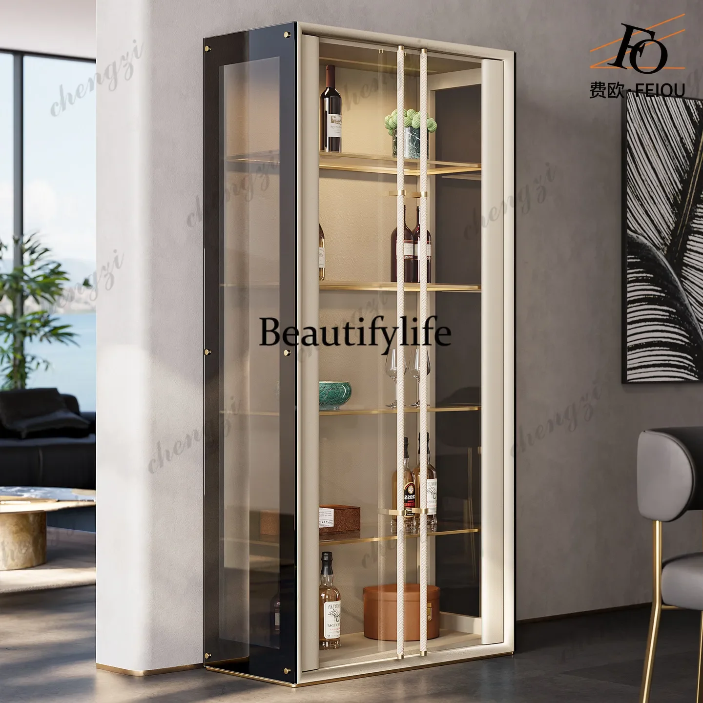 Premium light luxury glass wine cabinet against the wall Customized restaurant, locker Italian postmodern bookcase b567