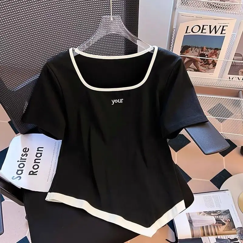 Large Size Summer Outfit 2024 New Irregular Square Neck Short Sleeved T-shirt Wide Leg Pants Slimming Two-piece Set for Women