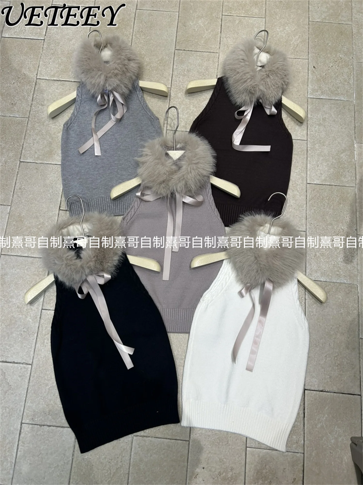 

French Style Fur Collar Sleeveless Knitted Vest for Women Winter Outerwear High-end Simple Tank Top Elegant Versatile Base Shirt