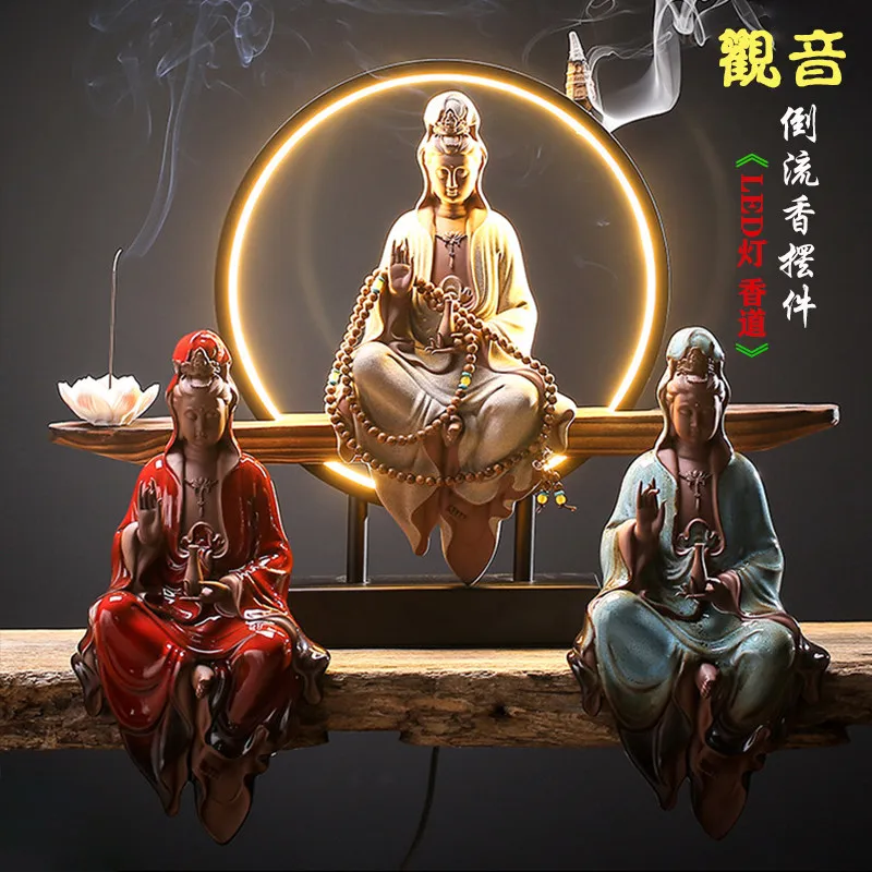 Home Decoration Accessories Figurine Living Room Decoration Desk Guanyin Bodhisattva Backflow Perfume Vase Buddha Statue