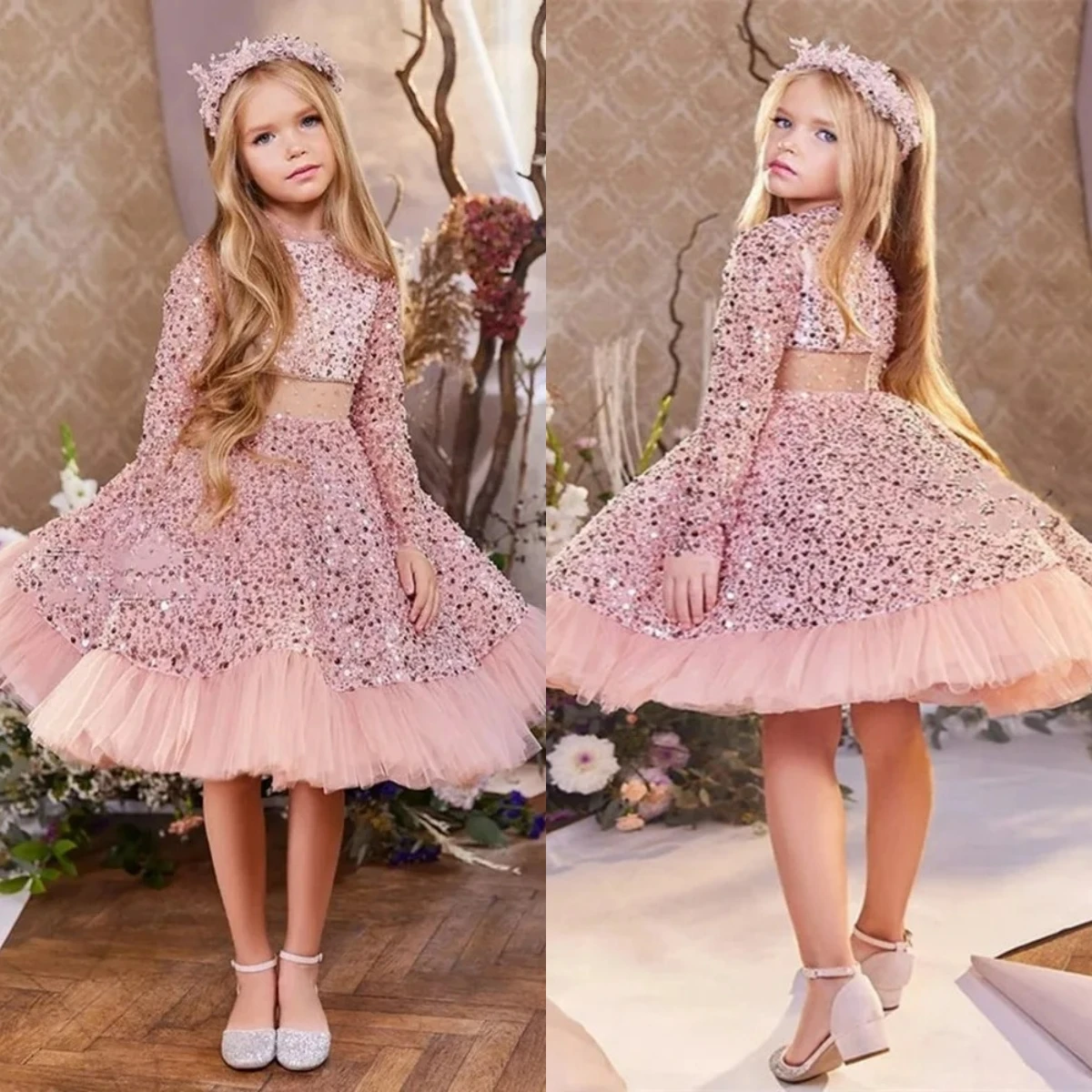 

Elegance Glitter Sequins Flower Girl Dress Pink Princess Puffy For Kids Birthday Beauty Pageant PARTY Evening Ball Gowns