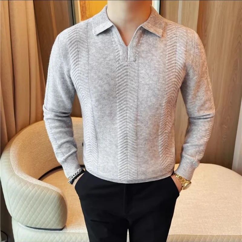 

Осень-зима, мужской свитер с воротником, утолщенный теплый приталенный деловой повседневный вязаный свитер, деловой офис, социальный топ, мужская одежда