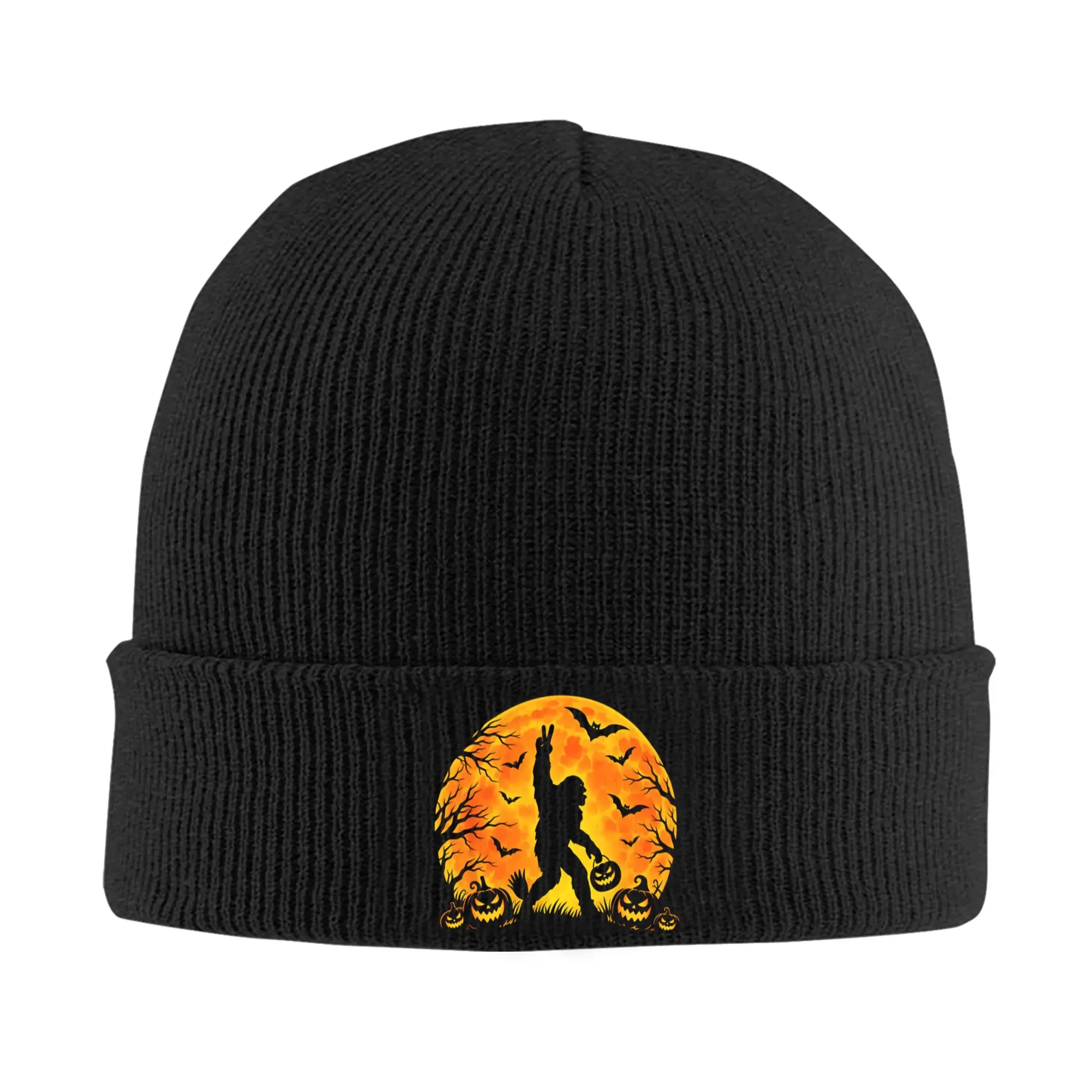 Peace Sign Bigfoot Halloween Spooky Pumpkin Full Moon Beanie Hats  Bonnet Hats Female Male Hip Hop Hippie Skullies Beanies