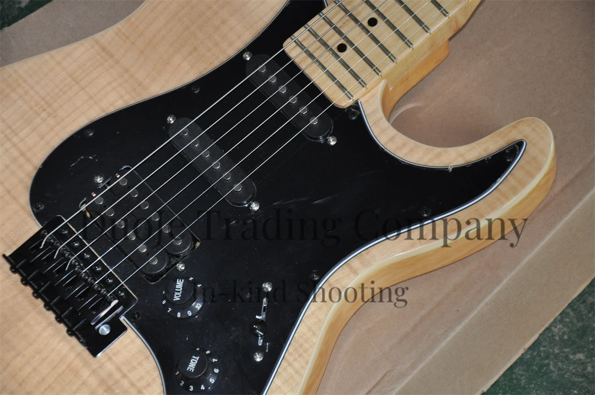 Natural Color Electric Guitar Flamed Maple Top SSH pickup Black plate Maple Neck suh guitar support customization