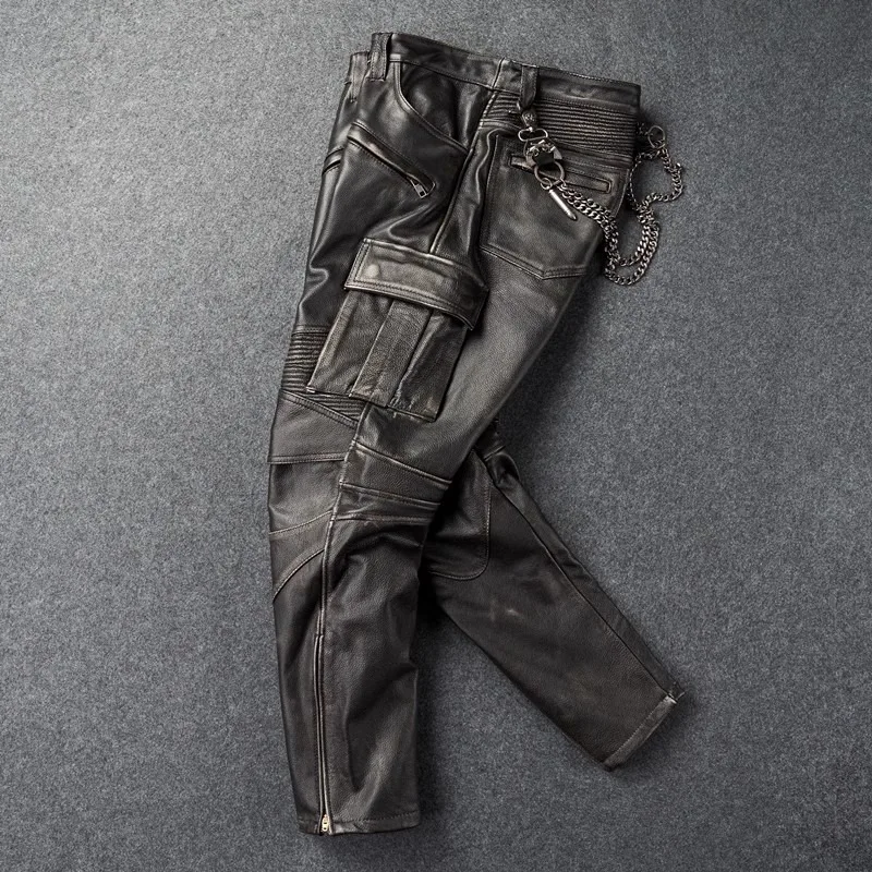 4 Seasons Motorcycle Riding Pants Unisex Genuine Leather Waterproof Windproof Antifall Multipocket Tooling Pantalones Cuero Moto