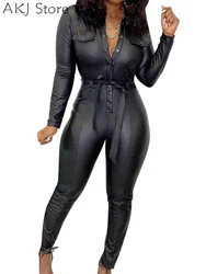 Macacão de couro sintético PU para mulheres, macacão bodycon sexy, manga comprida, desgaste do clube, preto, 1 pc