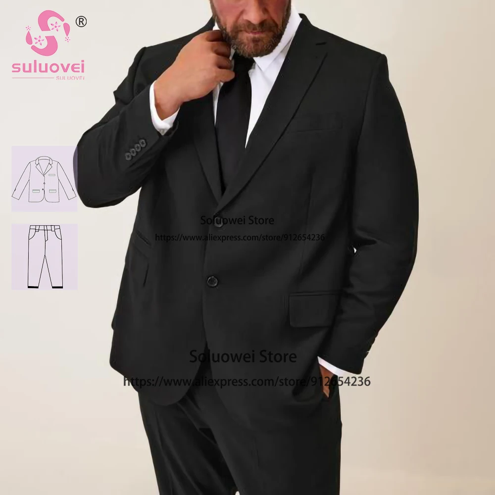 Classic Black Plus Size Suits For Men Elegant 2 Piece Jacket Pants Set Formal Groom Wedding Prom Tuxedo Traje De Hombre Elegante