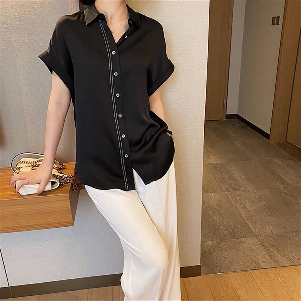

High Quality Women's Lape Beaded Silk Short-Sleeved Shirt Top