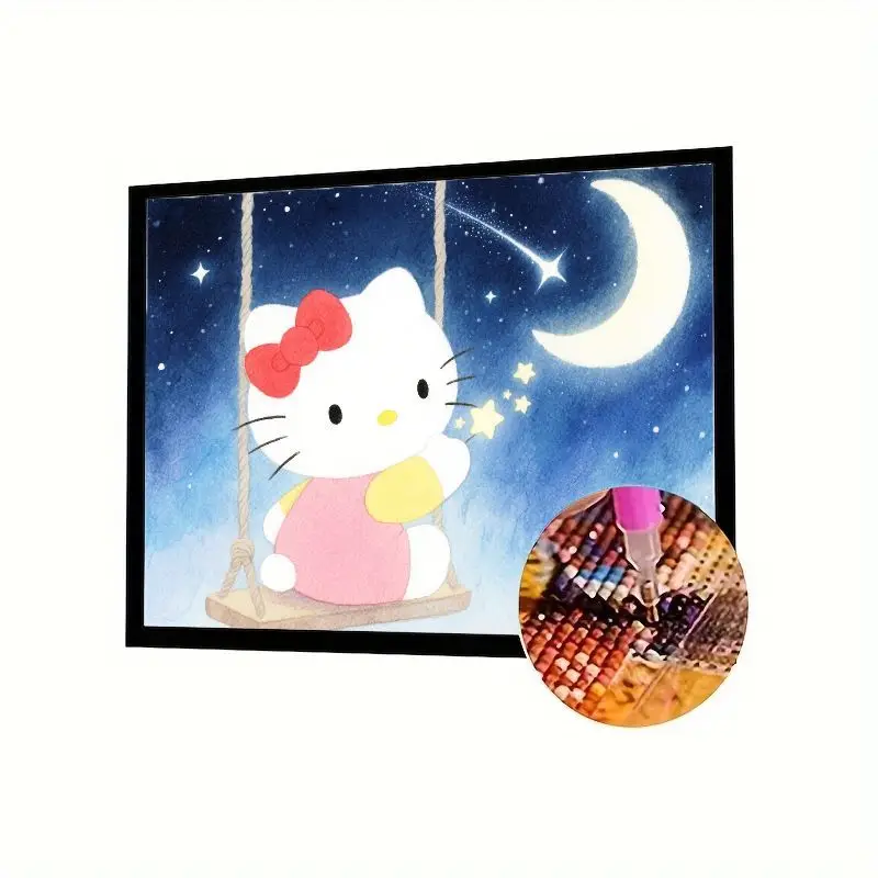 

1 шт. милый набор для рисования «Hello Kitty On Swing» 5D Diamond Painting Kit — DIY Full Drill Rhinestone Art, Kawaii Cartoon Hello Kitty Under Dreamy S