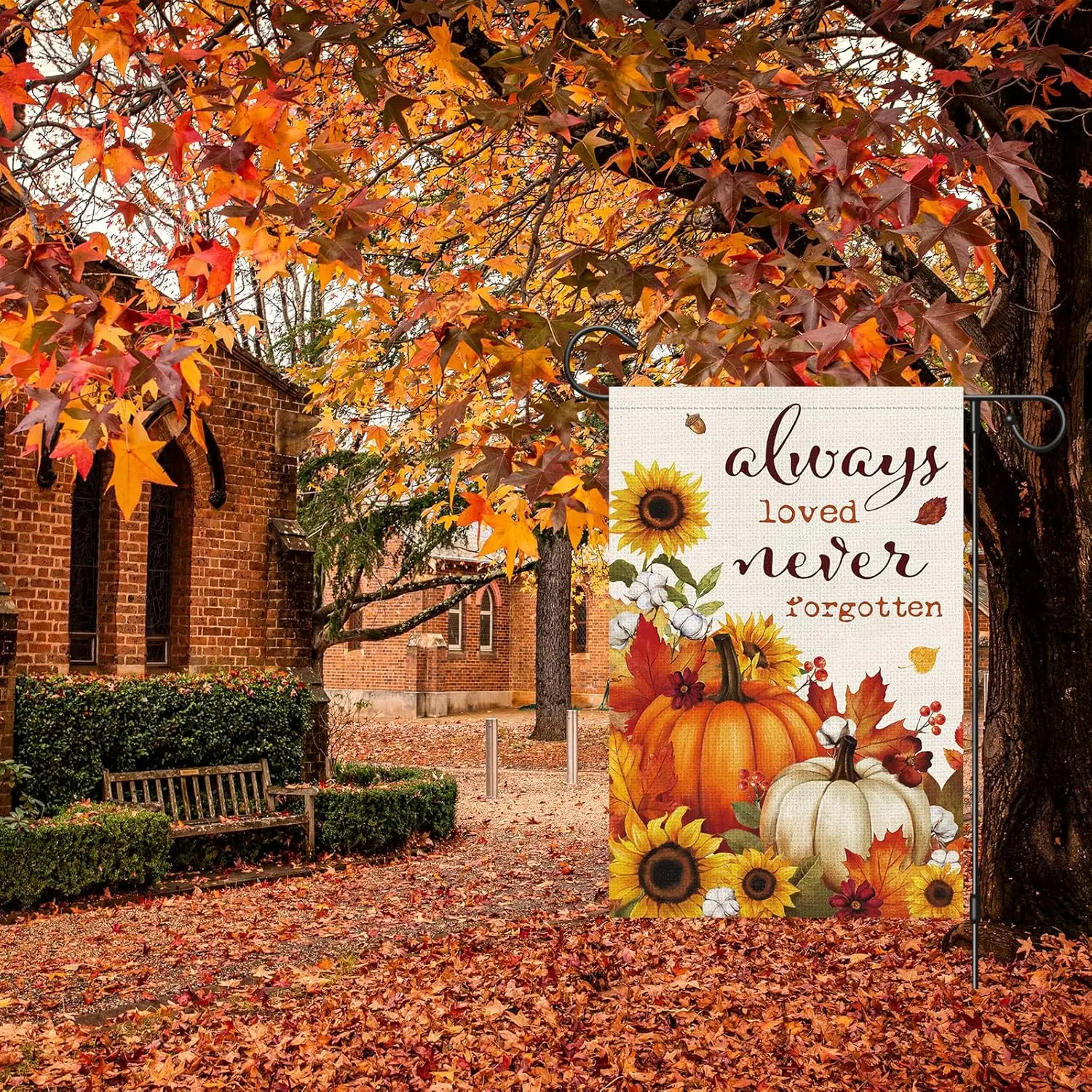 Fall Garden Flag 12x18 Inch Burlap Double Sided for Outside，Always Loved Never Forgotten Pumpkin Sunflower Small Seasonal Ya UUN