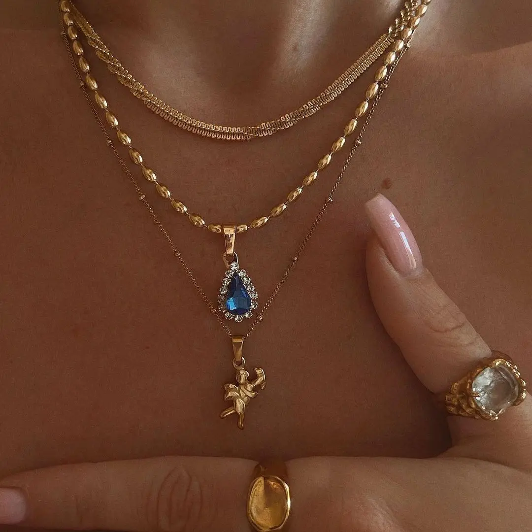 INS 18k Gold-plated Stainless Steel Cross Cupid Necklace For Women Vintage Sun Pendant Necklaces Chain Fashion Jewelry Gift