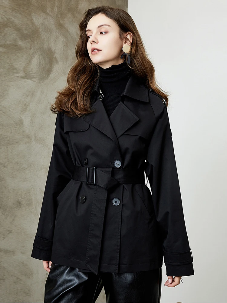 

Black Mid-length Trench Coat for Women Spring Autumn High-end Simple Classic Double Breasted Belted Windbreaker Jackets Female