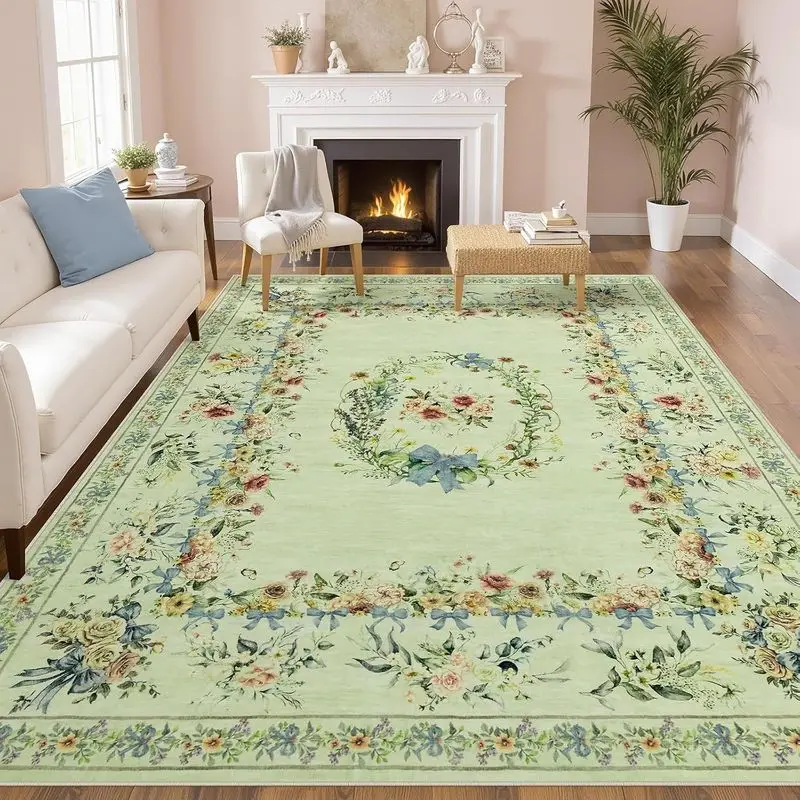 VIKAMA Vintage Floral Wreath Bow Border Large Area Rug Non Slip Farmhouse Living Room Bedroom Decor Carpet Home Decor