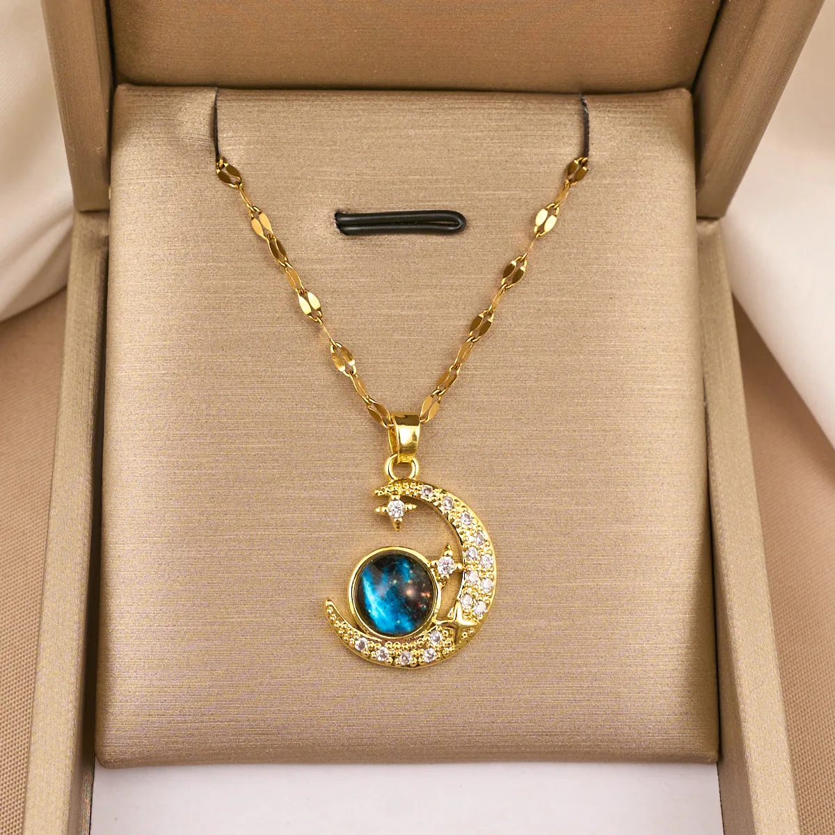 Stainless Steel Moon Necklace For Women - Starry Sky Stone CZ Pendant Full Diamond Charm Fashion Jewelry Gift