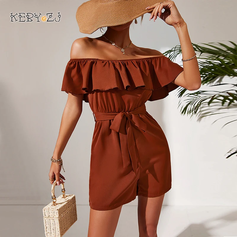 

KEBY ZJ Summer Women Clothing Chiffon Playsuits Urban Office Party Brown Casual Short Sleeve One Shoulder Jumpsuits For Women