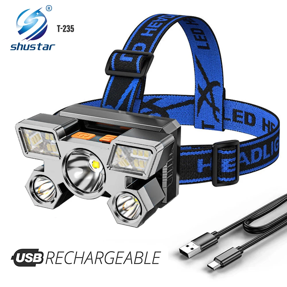 Led Five-Head Headlamp Strong Light Super Bright Rechargeable Fishing Headlight Long-Range Head-Mounted Mine Lamp Flashlight