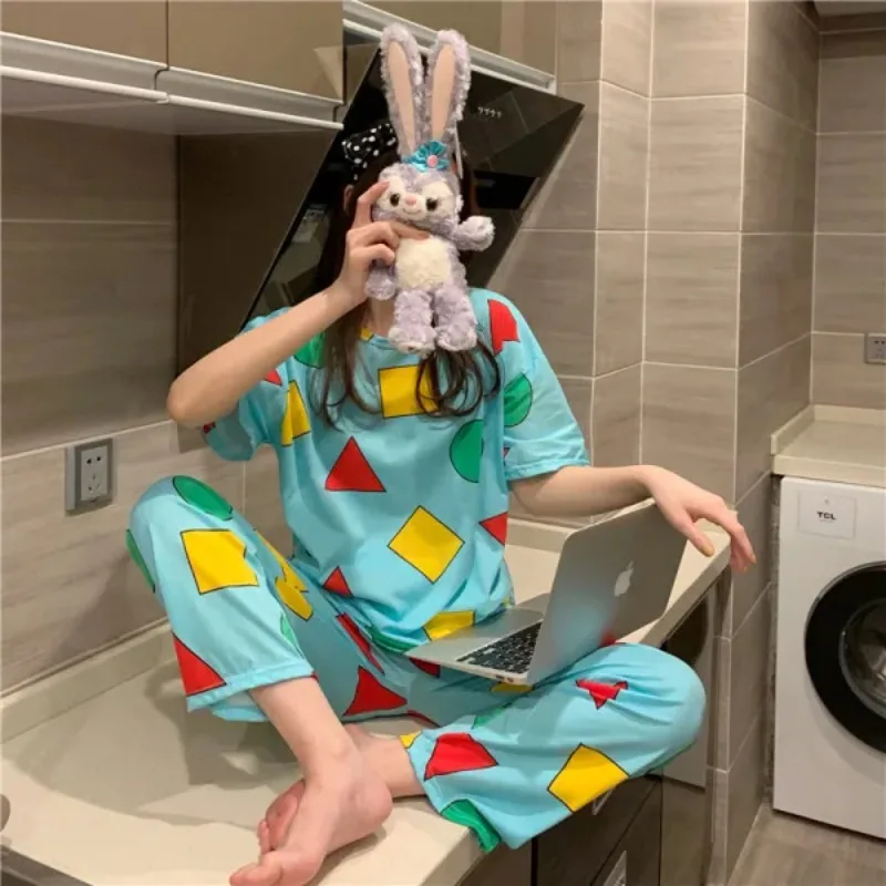 

Two-piece Thin Pajamas Spring Summer Women Short Sleeve Long Sleeve Set Home Wear Round Neck Matching Korean-style Home Pants