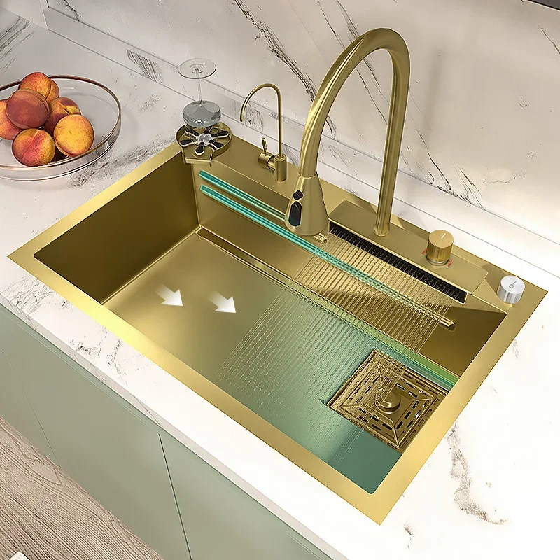 Golden Stainless Steel Kitchen Sink Waterfall Sink Large Single Slot Multifunctional Washbasin With Waterfall Faucet For Kitchen