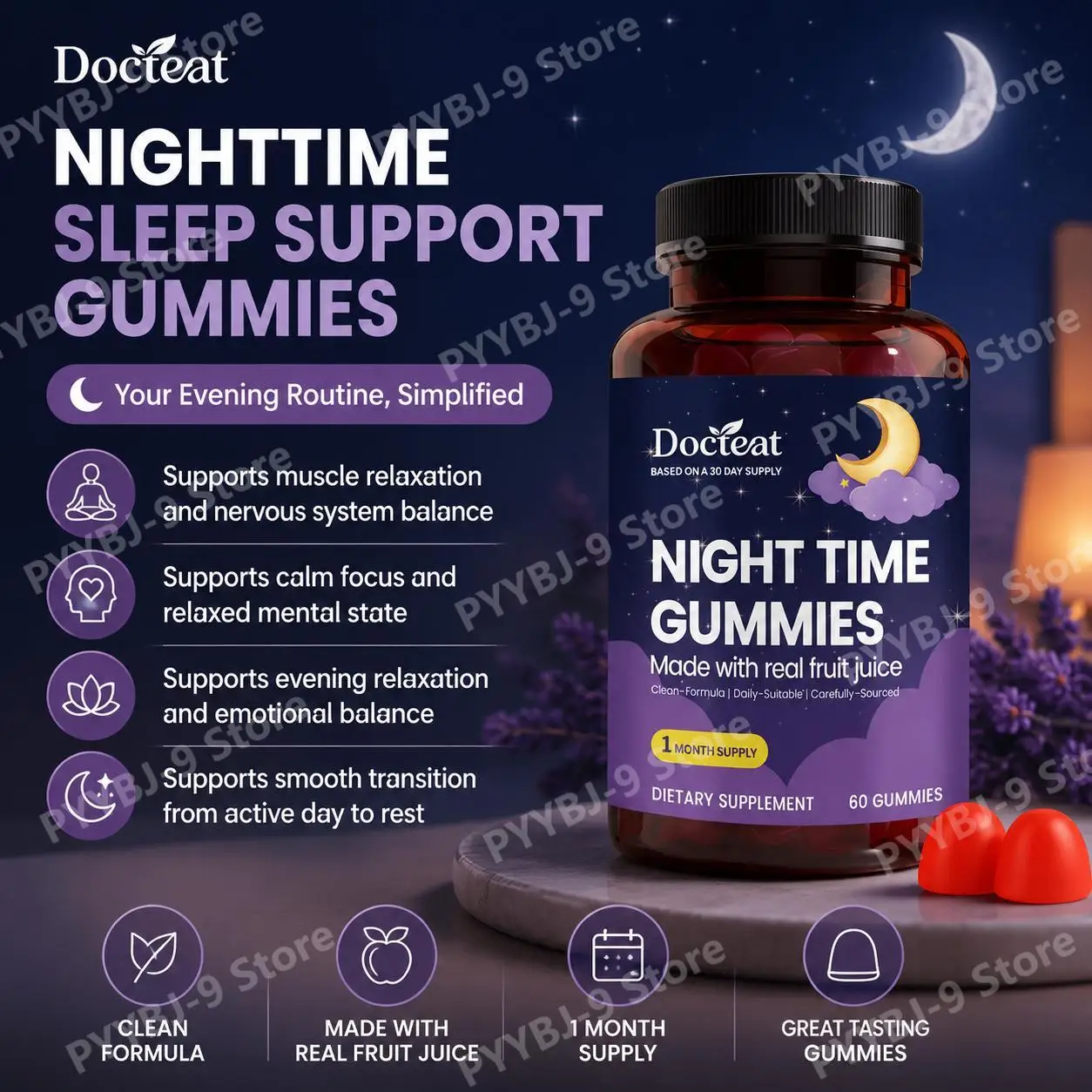 Docteat Night Time Gummies, Magnesium L-Theanine Lemon Balm Chamomile, Calm Focus and Gentle Evening Relaxation, 60 Gummies