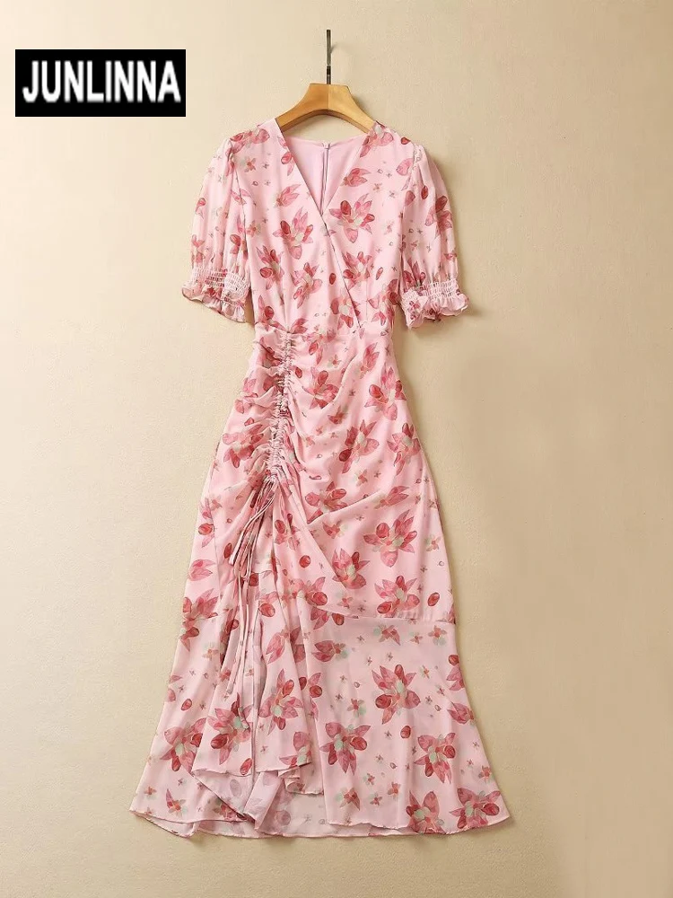 

JUNLINNA Summer Fashion Chiffon Dress V Neck Short Puff Sleeve Flower Printing Pink Shirring Sliming Vestidos