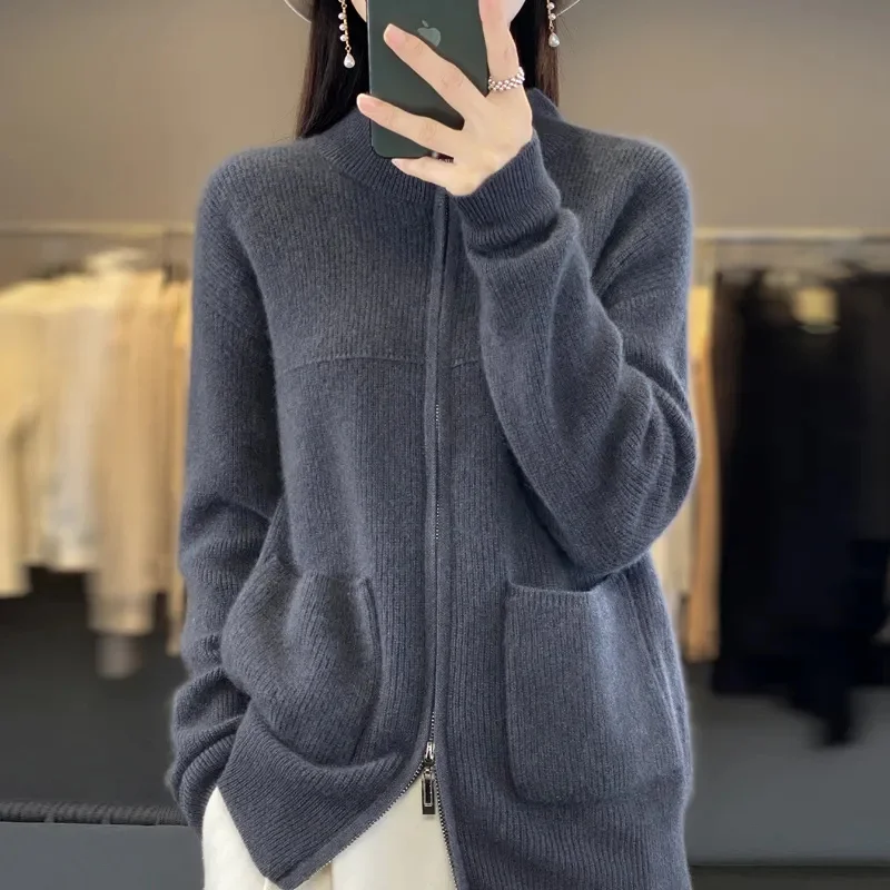 Fashion Knit Women Cardigan Casual Full Sleeve Zipper Stand Pleated Slim Lady Sweater 2025 Spring Autumn Office Female Knitwear