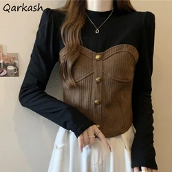 Long Sleeve T-shirts Women Korean Style Patchwork Tops Panelled Button Fashion Slim Female Streetwear All-match Winter Autumn