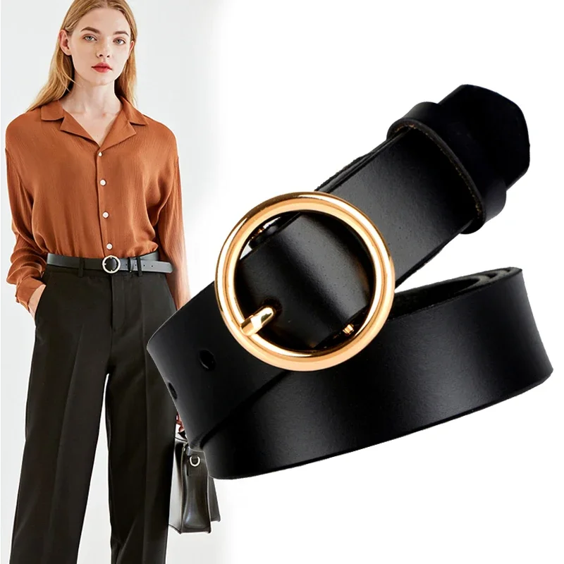 Classic Retro Fashion All-Match Leather Black Round Buckle Simple Circle Pin 2.5cm Wide Belts for Women Fashion Jeans Female