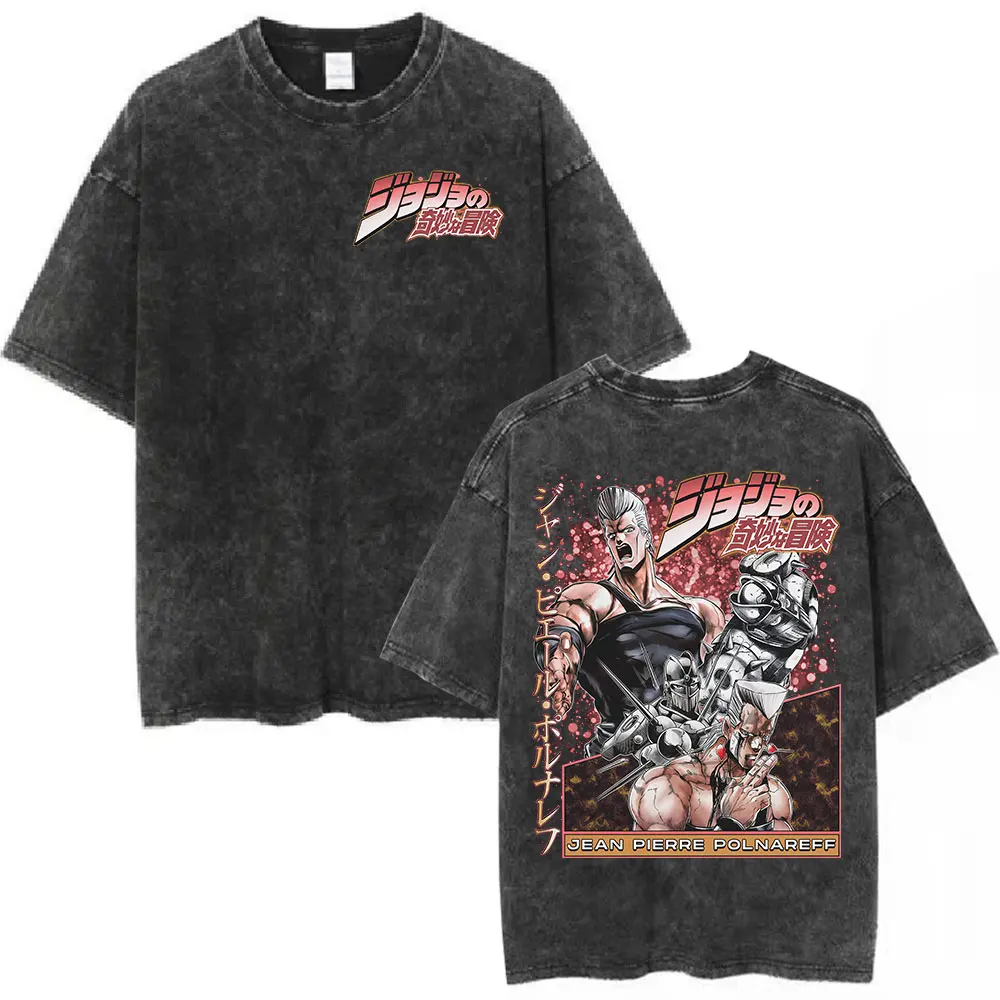 Vintage Washed Anime JoJo Bizarre Adventure Jan Pierre Polnareff T-shirts Men Women Clothing Fashion Casual Loose T Shirts Tops