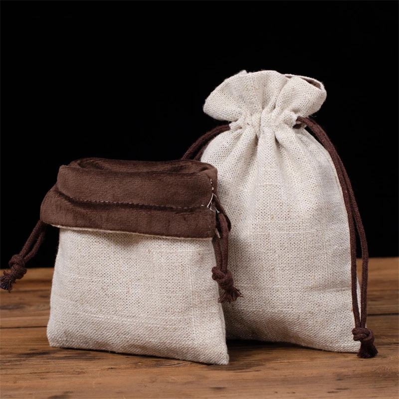 1PC Double Layer Linen Drawstring Bags Retro Jute Jewelry Storage String Bag Burlap Candy Gift Packaging Pouch for Wedding Party