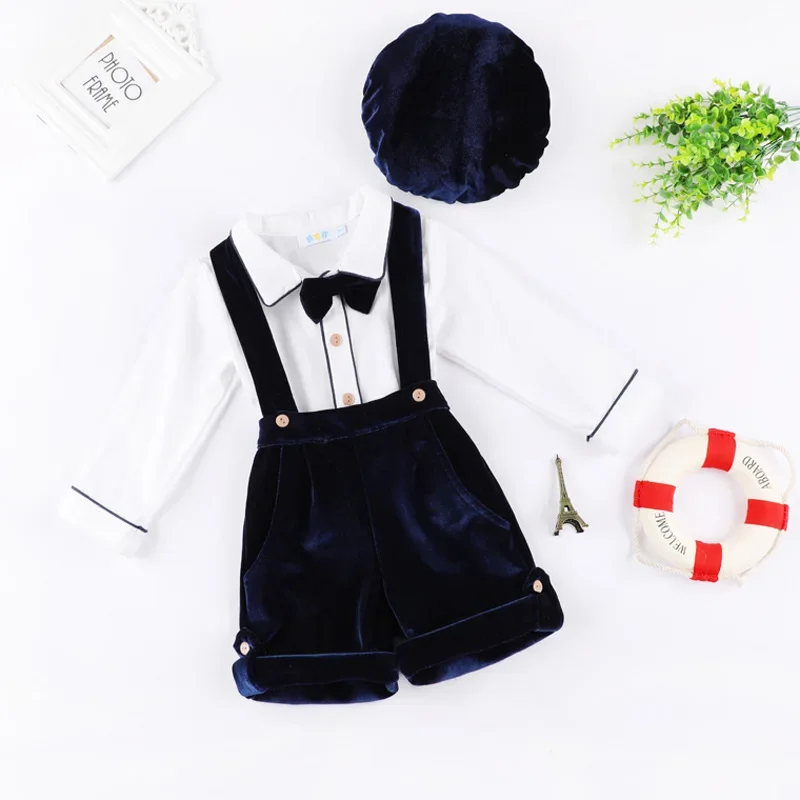 Espanhol bebê menino roupas conjunto do vintage crianças verão terno formal do casamento da criança camisa branca + veludo suspender calças shorts