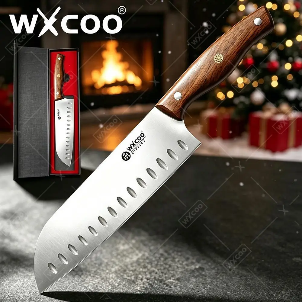 WXCOO KitchenJapanese Santoku Knife Stainless Steel Three Rivets Full Tang Hollow Edge Anti Stick Cutting Tools Wood Handle