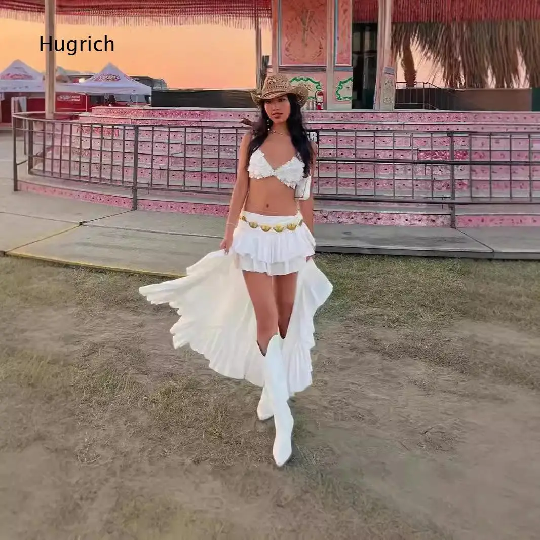 Women's White Ruffled High-Low Maxi Skirt with Waist Tie Bohemian Style Long Beach Cover Up Summer Holiday Party Outfit Bottom