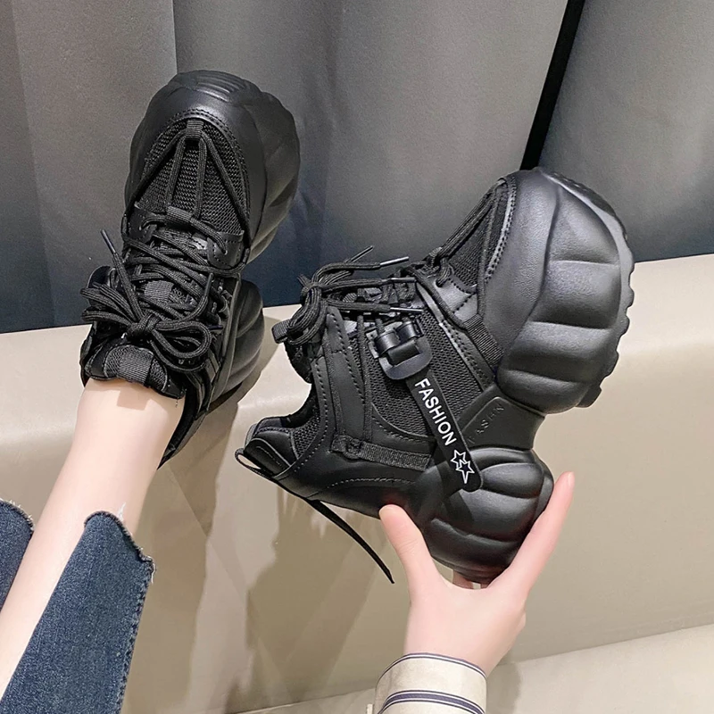 Fashion Black Chunky Sneakers for Women 2023 Spring Hidden Heels Platform Sports Shoes Woman Thick Sole Breathable Casual Shoes