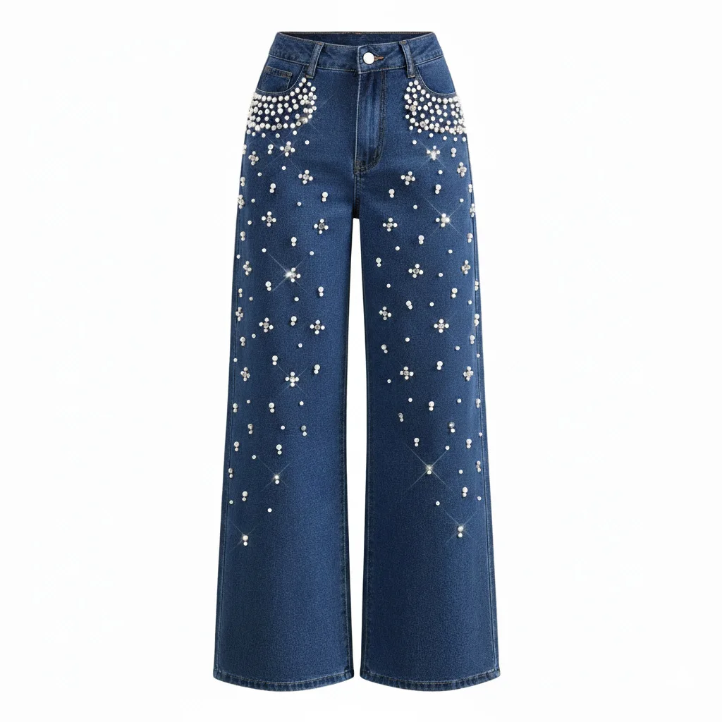 Loose Casual Denim Trousers For Women Autumn Fashion New Commuter High Waist Solid Color Beading Versatile Wide Leg Pants