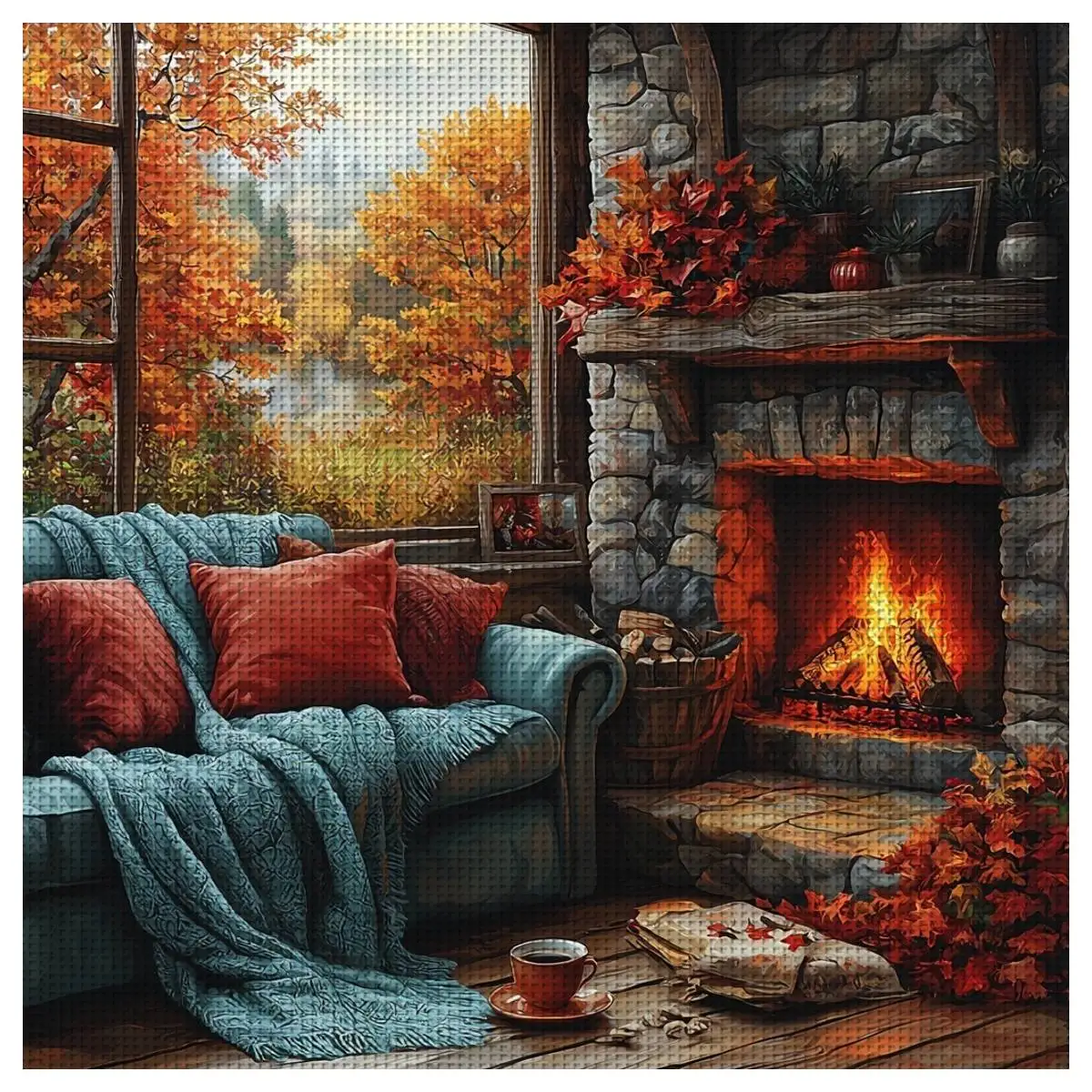 1pc 40X40CM/15.74inch Warm fireplace Stamped Cross Stitch Kit DIY Kit 11/14CT DIY Embroidered Set DIY Cross-Stitch Set