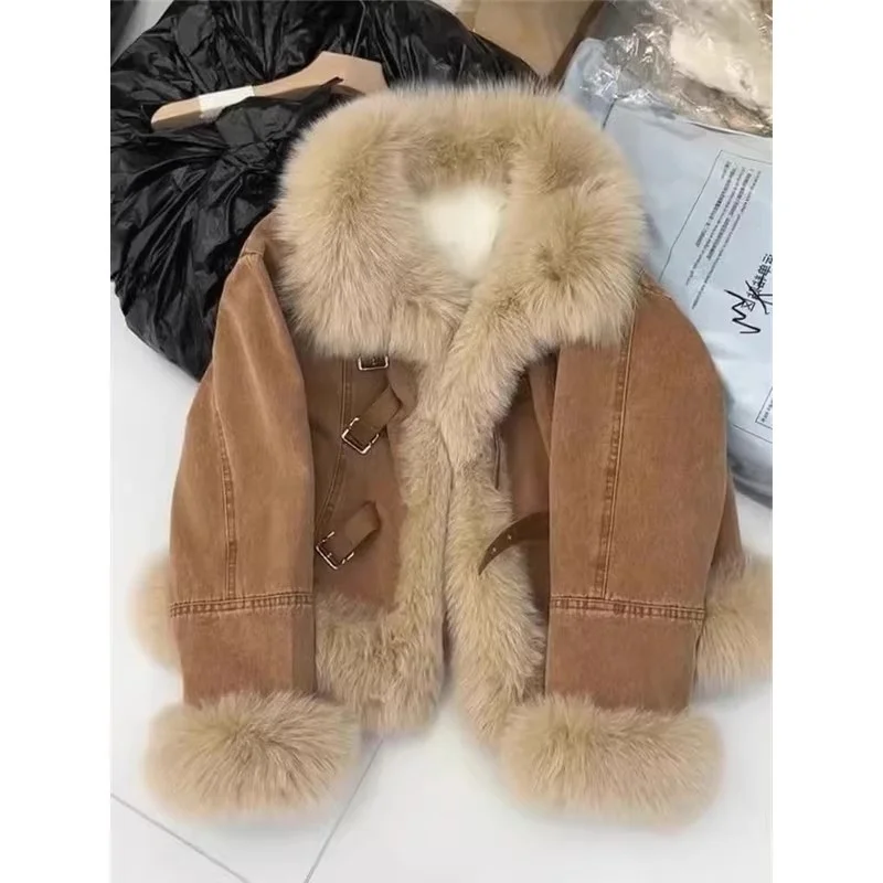 Winter Denim Jacket with Faux Fur Collar, Retro Brown Faux Leather Plush Coat, Thick Fleece Lined Warm Fashion Jacket W2087