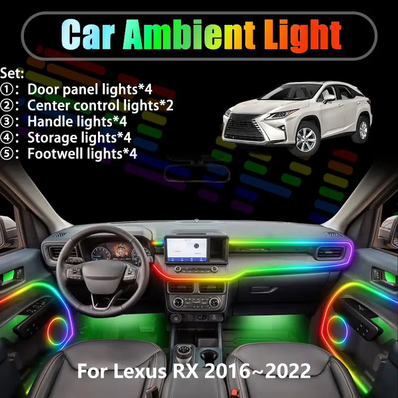 For Lexus RX 2016~2022 AL20 MK4 2017 2018 2/18 in 1 Car ambient lighting Led trunk interior led lights USB RGB Ensemble Streamer