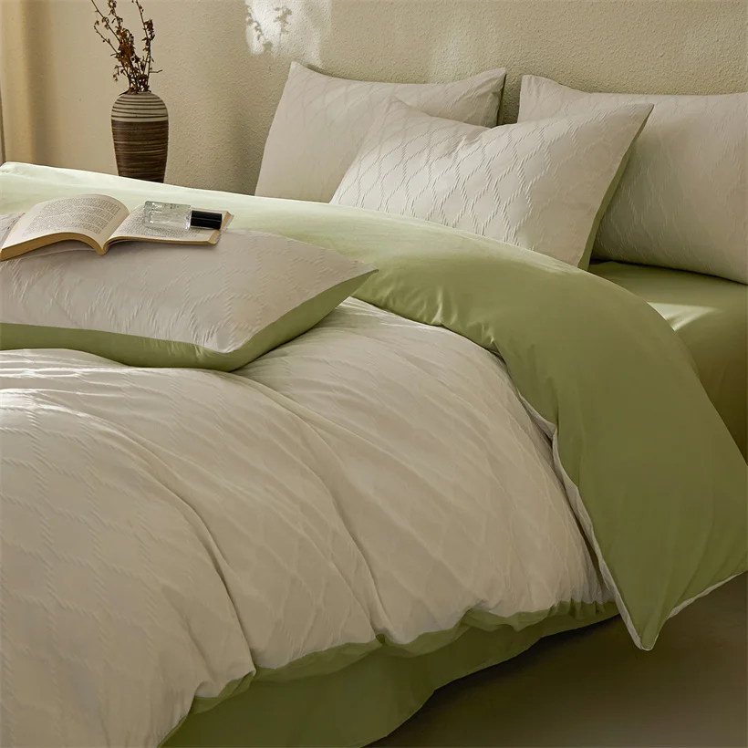 100% Washed Cotton Plaid Jacquard Bedding Set Soft and Comfortable Duvet Cover Set with Bed Sheet Pillowcase Solid Bed Linen