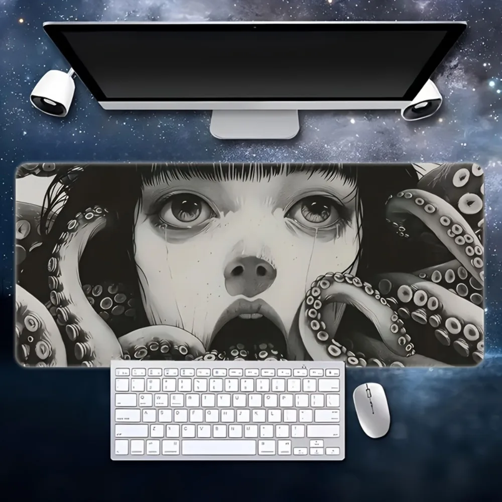 Tapis de souris de jeu avec un design d'octopus anime, bords cousus durables, accessoires de bureau pour ordinateur, tapis de souris de jeu, tapis de souris de grande taille