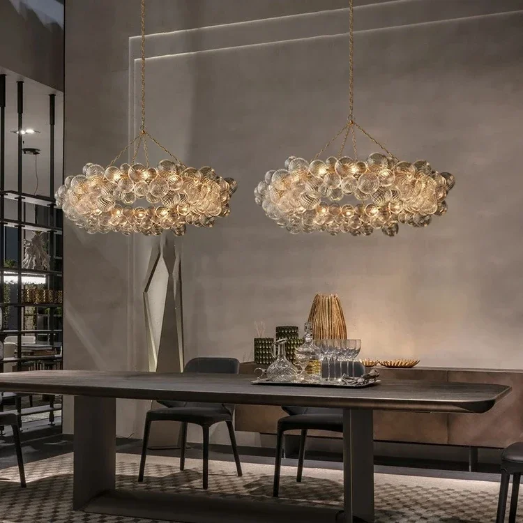 Luxurious Art Deco Gold Ring Chandelier with Clear Textured Bubble Glass Shade for Dining Room Kitchen Island Decor