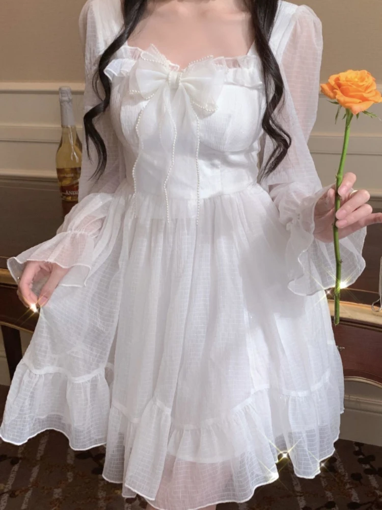 HOUZHOU White Kawaii Dress Women Chiffon Lolita Style Long Sleeve Mini Dresses Bow Fairy Robe Ruffles Patchwork Square Collar