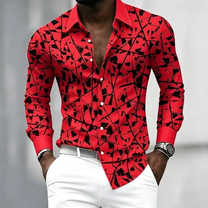 2026 New Men's Lapel Long-Sleeve Shirt, White Base with Irregular Black Geometric Fragment Print, Casual Shirt, Sizes XS-6XL