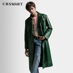 Men's Classic green ultra long genuine leather trench coat British trend personalized fashion custom sheepskin coat for men