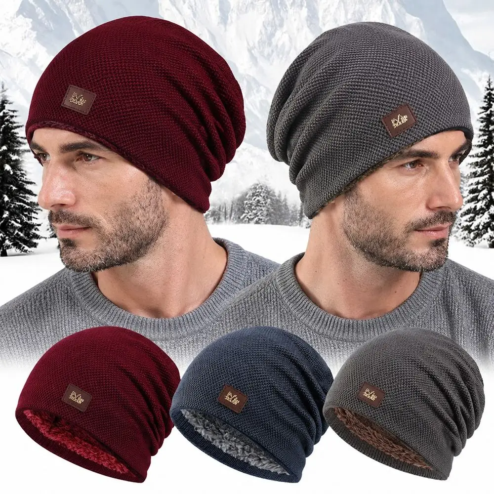 Warm Fleece Lined Casual Knitted Hat Knitted Material Label Decor Slouchy Winter Hats Solid Pullover Turban Cap Men and Women