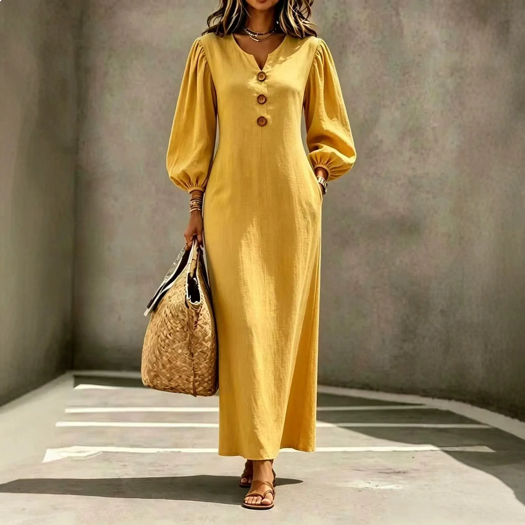 Women's V-Neck Button Bubble Sleeve Loose Casual Flattering Long Dress, Dresses for Spring Summer